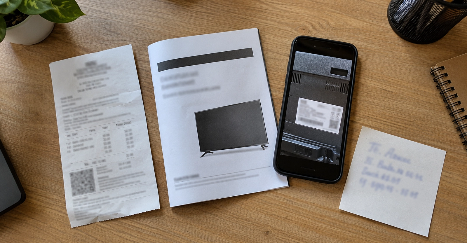 Comprobante, certificado de garantía y etiqueta con modelo y serie para reclamar la garantía de un televisor