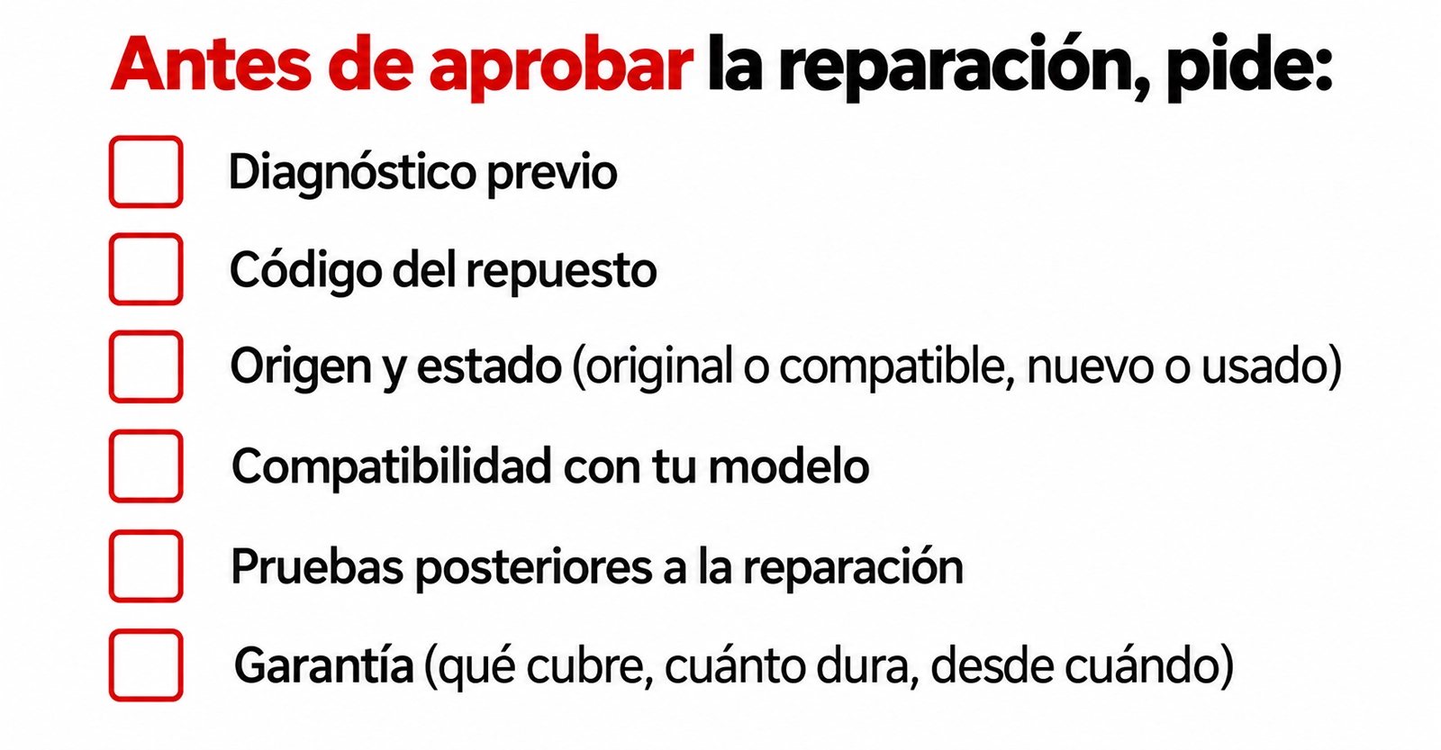 Checklist con los seis datos para verificar repuestos originales para televisores antes de aprobar una reparación