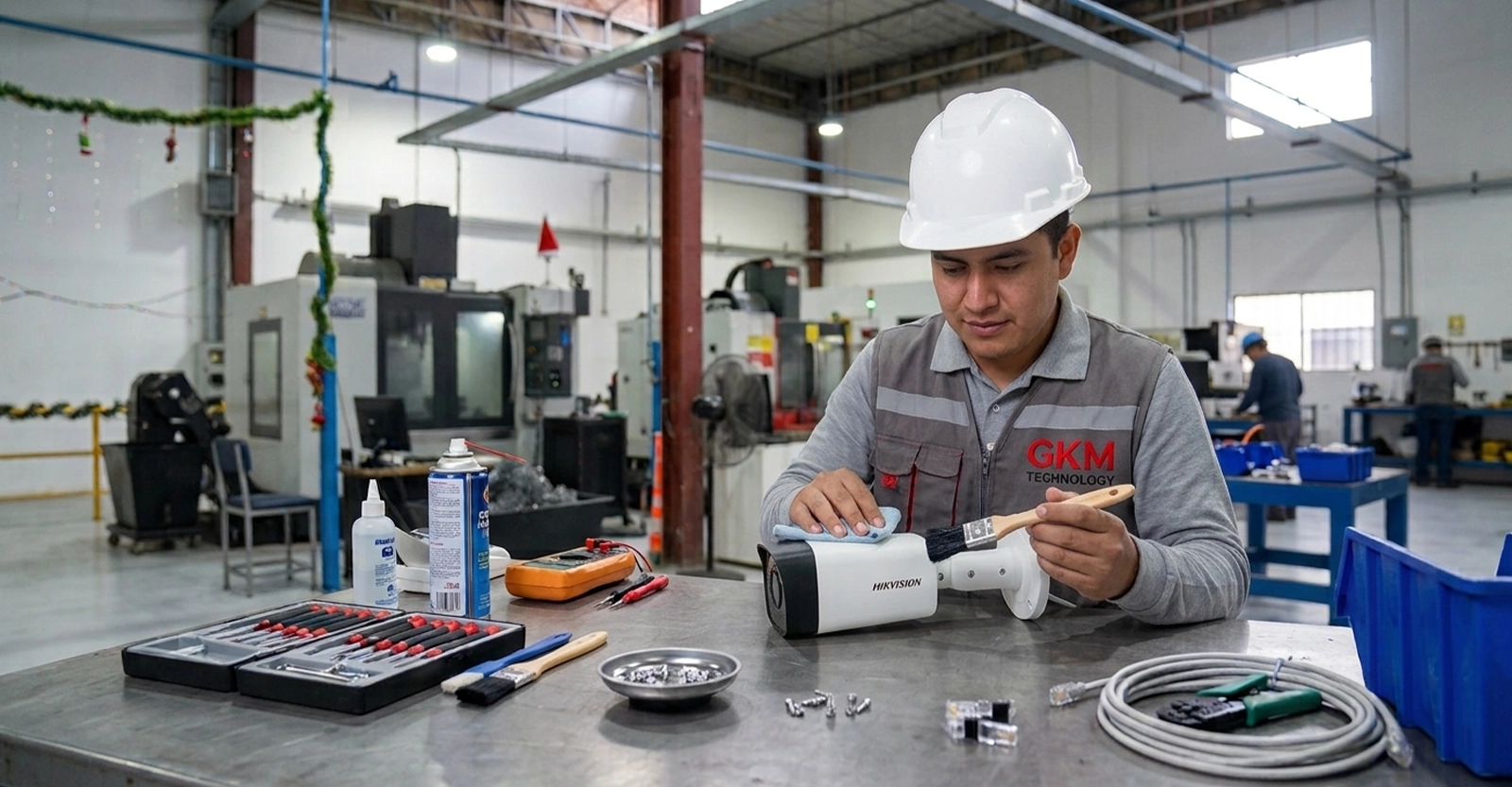 Técnico limpiando la zona de las cámaras
