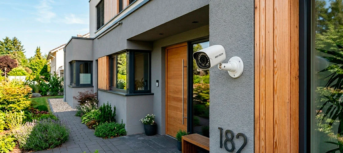 Cámara de seguridad instalada en la pared