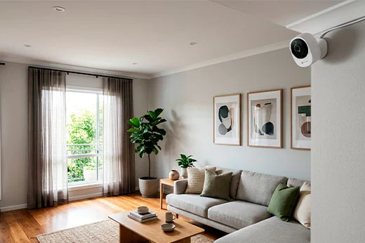 Sala de casa moderna con una cámara