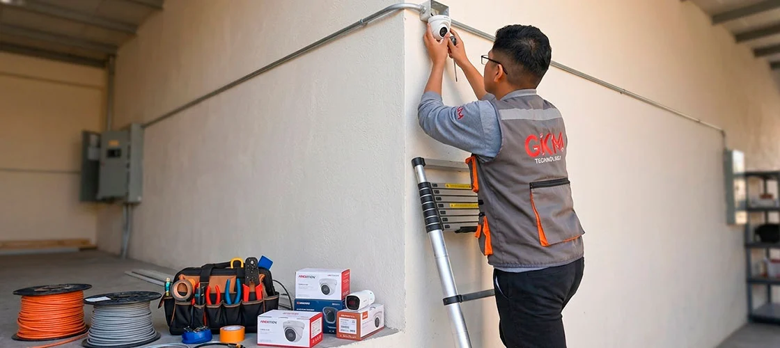 Técnico instalando cámaras de seguridad